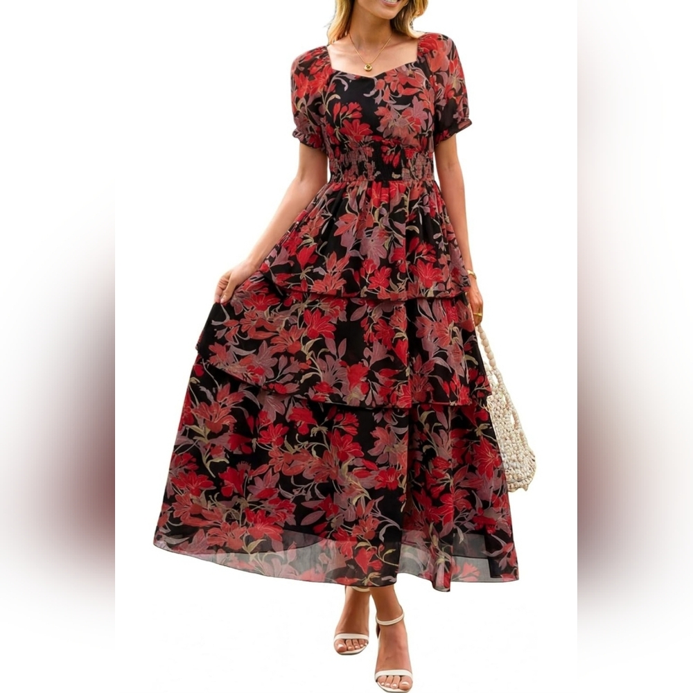 Chic Floral Maxi Dress in Black and Red